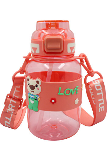 Polin Tritran Children's Water Bottle, Cute Teddy Bear Pattern, Strap, Straw, 800ml