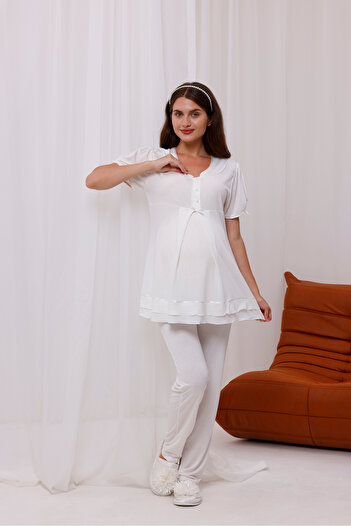 Yulem Homewear Ekru Kurdele Detaylı Tasarım Emzirme Özellikli Lohusa Hamile Pijama Takım