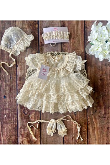 Butik Baby Girl Cream Color Watermelon Sleeved Lace Fold Dress Set