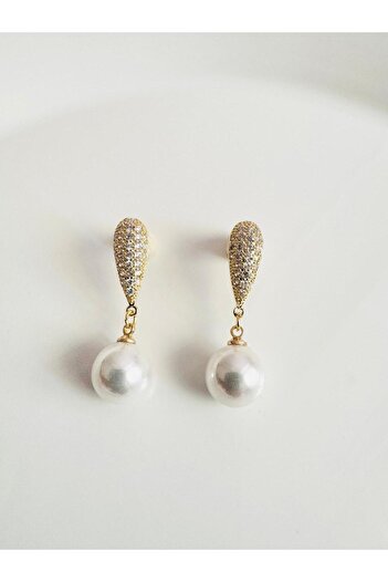 DEVİ fashion Gold Pearl Earrings with Zircon Stone 3 cm