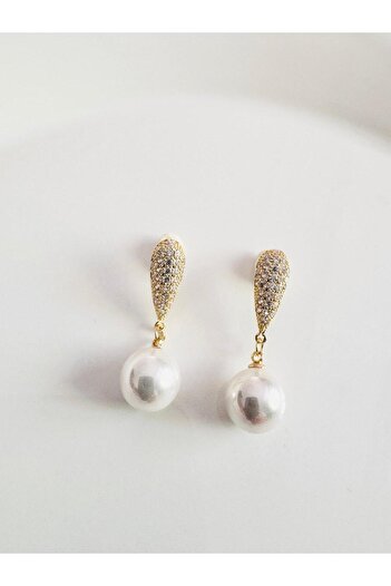 DEVİ fashion Gold Pearl Earrings with Zircon Stone 3 cm