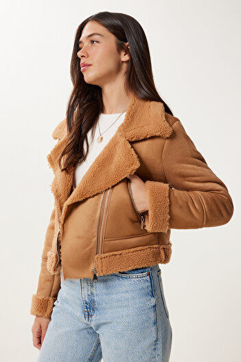 Happiness İstanbul Women's Camel Faux Fur Nubuck Jacket DD01371