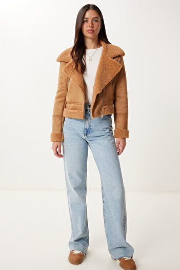 Happiness İstanbul Women's Camel Faux Fur Nubuck Jacket DD01371