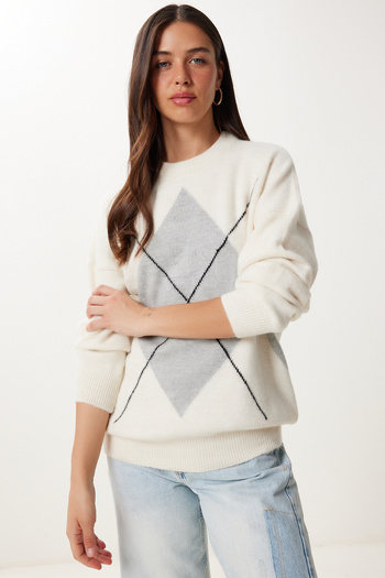 Happiness İstanbul Women's Cream Gray Diamond Patterned Knitwear Sweater Dd01366