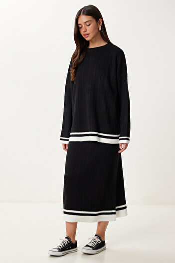 Happiness İstanbul Women's Black Contrast Color Sweater Skirt Knitwear Set Yy00246