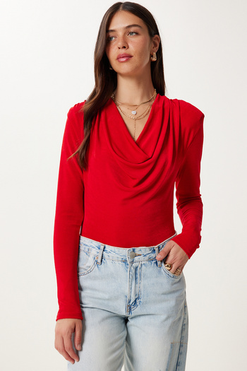 Happiness İstanbul Women's Red Padded Degaje Collar Knitted Blouse Rc00163