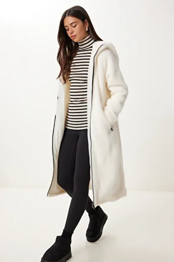 Happiness İstanbul Women's Bone Hooded Long Plush Coat Dd01373