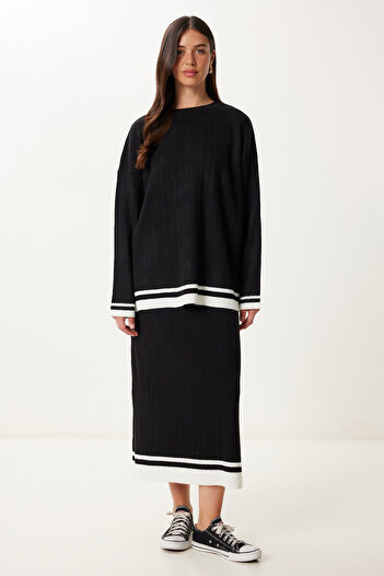 Happiness İstanbul Women's Black Contrast Color Sweater Skirt Knitwear Set Yy00246