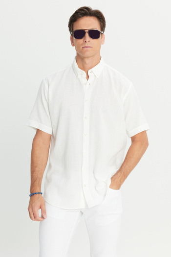 AC&Co / Altınyıldız Classics Men's White Linen Look 100% Cotton Dobby Button Collar Shirt Comfort Fit Relaxed Fit