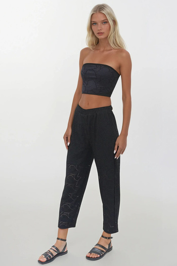 Trend Alaçatı Stili Women's Black Lined Hole Openwork Motif Patterned Trousers and Bustier Bottom Top Set Alc-X14268