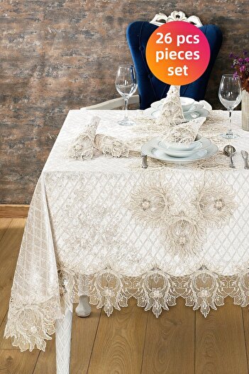 Evlen Home Collection Velvet Tablecloth Set Lacy Laced Grand Cream