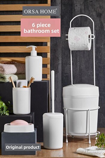 ORSA HOME Λευκό σετ μπάνιου 6 τεμαχίων με μεταλλικό κάδο απορριμμάτων WC θήκη χαρτιού και βούρτσα τουαλέτας στερεό - με υγρό σαπούνι