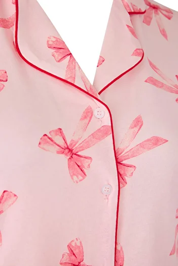 Trendyol Curve Powder Bow Patterned Piping Shirt Collar Knitted Pajamas Set Tbbss25Ai00086