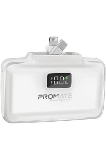 Promate Power Bank, 10000mAh Compact Power Bank with 20W USB-C™ In/Out Foldable Connector, Lightni