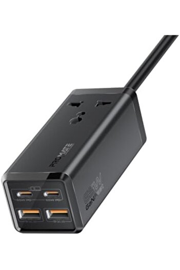 Promate شريط طاقة، 5 في 1 متعدد المنافذ 65 واط GaNFast تمديد الطاقة مع مقبس تيار متردد 2500 واط، USB-C مزدوج