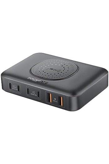Promate Charging Station, 7-in-1 GaNFast 100W Laptop Charger with 4 Power Delivery USB-C Ports, Dual