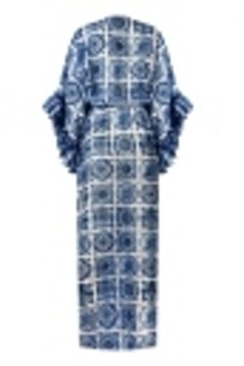 Nur Karaata Joali Bleu Blanc Long Sleeve Pareo Elbise