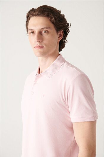 Avva Men's Light Pink 3-Button 100% Corn Cotton Polo Collar T-Shirt B 001027