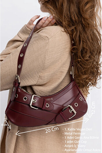 torime Geantă de umăr și crossbody cu centură burgundy – piele vegană, fermoar și curea reglabilă