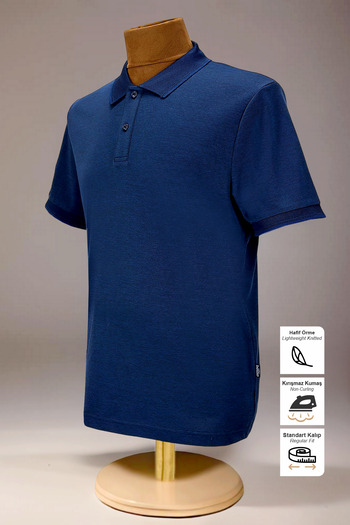 BESSA Navy Blue Regular Fit Pocketless Cotton Polo Neck Plain T-Shirt