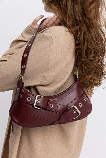 torime Geantă de umăr și crossbody cu centură burgundy – piele vegană, fermoar și curea reglabilă