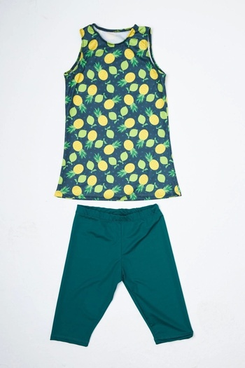 Starinci Mayo Girl's Zero Sleeve Half Closed Hijab Swimsuit Green Lemon Patterned