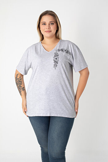 Orly More Printed Slit Cotton Women's V-Neck Plus Size T-Shirt