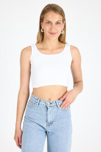 Arma Yıldız Women's Cotton Ribbed Crew Neck Thick Strap Crop Bustier White