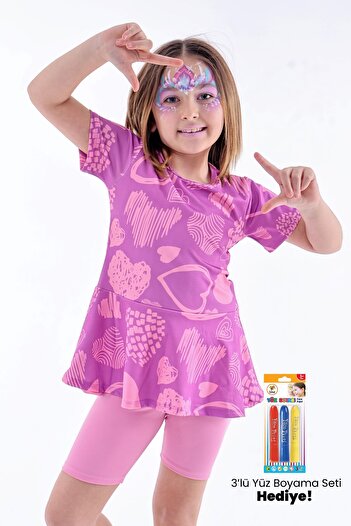 ZUZUNGA Heart Patterned Purple Girl's Boned Swimsuit Set