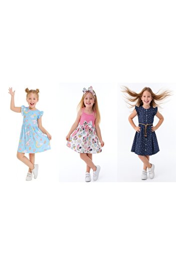 minikiss 3 Adet Biri Kot Yazlık Baskılı Likralı Kız Çocuk 3lü Elbise