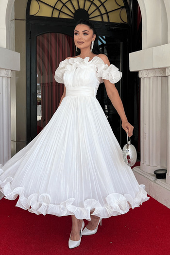giyimmasalı Chiffon Fabric Flounce Detailed Midi Dress - White