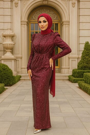 Neva Style Sequin Embroidered Burgundy Hijab Evening Dress 3976Br