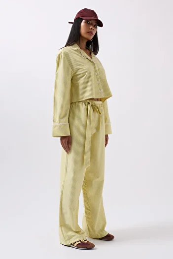 Black Fashion Belt Detail Striped Yellow Trousers
