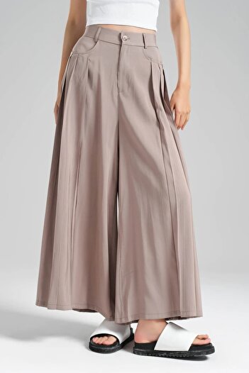 tw3 Women's Pleated Detailed Elastic Waist Design Wide Leg Trousers