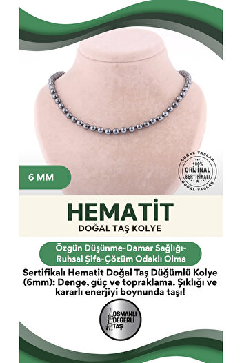 OSMANLI DEĞERLİ TAŞ Sertifikalı Hematit Doğal Taş Düğümlü Kolye 6 Mm - M163