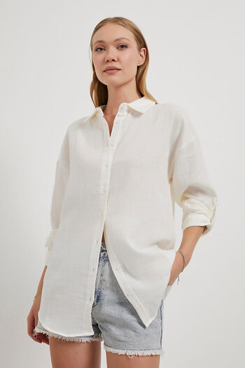 Arma Life Women's Long Sleeve Basic Thin Loose Muslin White Shirt