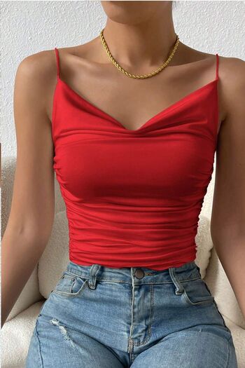 boutiquen Sleeveless Strap Degaje Collar Blouse Crop