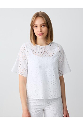 Jimmy Key White 100% Cotton Relaxed Fit Openwork Round Neck Blouse