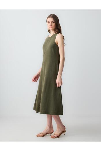 Jimmy Key Khaki Relaxed Cut Round Neck Sleeveless Linen Midi Dress