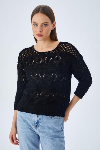 Mixray 6859 Women's Boat Neck Openwork Seasonal Knitwear Sweater Black