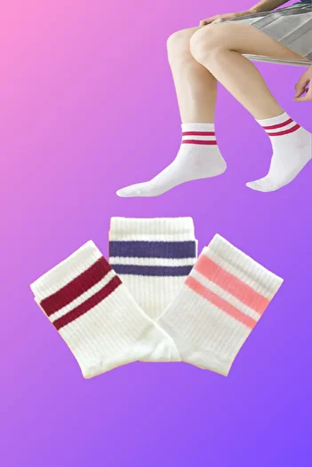 Esinti 3 Pairs Women's Men's Cotton Socks – College & Sneaker Compatible Unisex White Striped Socks