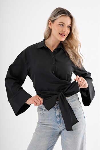 Cistern İstanbul Women's Black Belt Detailed Tie-Up Shirt