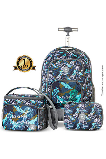 Eazy Kids 18" Set of 3 Trolley Backpack w/ Lunch Bag and Pencil Case-T Rex
