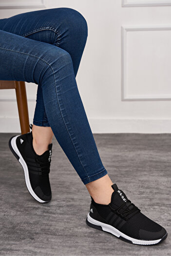 İmerShoes Unisex Siyah Beyaz Nefes Alabilen Triko Sneaker Hafif Bağcıklı Spor Ayakkabı