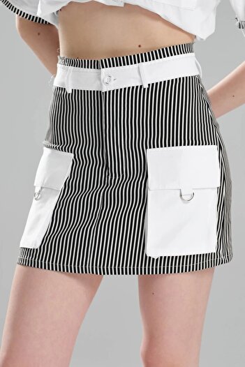 tw3 Fusta mini pantaloni scurți cu design garnit cu țesătură în dungi pentru femei