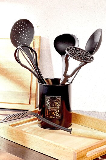 AzzaWood Natural Wooden Handle 7 Piece Serving Set Black