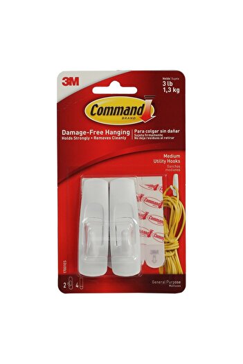 3M Command Medium Hooks 17001, 3 Lbs Capacity, 2 Hooks & 4 Strips – White, Damage-free