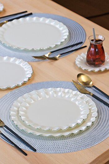 Glore Solid Krem Wavy Platin Yaldızlı 6 Kişilik Cam Pasta Tabağı Takımı
