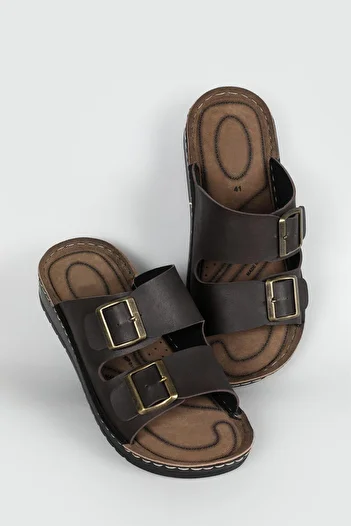 LUGMO Faux Leather Eva Slippers Stitched Metal Double Buckle Men's Comfort Lightweight Non-Slip Sole Brown