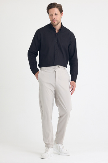 EXSPORT Men's Side Pockets, Elastic Waist, Lace-Up Belt, Relaxed Fit, Comfortable Cut Cool Fabric Trousers